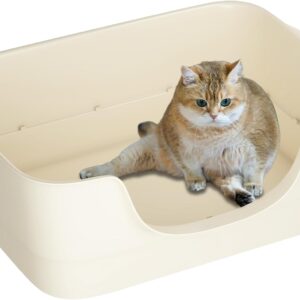 Cuddpaw Extra Large Cat Litter Box for Big Cats - High Sides & Low Enter Design, 23.43x16.73x8.46 Inches Spacious Anti-Spill Pet Toilet（Beige）
