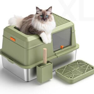 PEDIBAT Stainless Steel Cat Litter Box with Scoop, Metal Litter Box High Sided, Cat Litter Box Enclosure, XL Extra Large High-Sided Litter Boxs (Anti-Urine Leakage, Include Scoop) (Green)