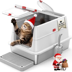 Stainless Steel Litter Box with Lid, SUS304 Metal Cat Litter Boxes, Enclosed Extra Large Kitty LitterBox High Wall, Jumbo Cat Toilet Odor Control, Spacious, DurableNon-Sticky (XL Gery)