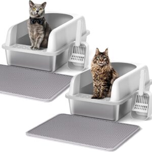 Henkelion 2 Pack Stainless Steel Cat Litter Box with Lid, 20" L x 14.2" W x 11.8" H, Extra Large Litter Box for Big Cats with High Sided, Anti-Urine Leakage, Easy Cleaning, Include Cat Mat and Scoop